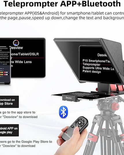 Desview P15 Teleprompter，15 inch Aluminum Alloy Liftable Teleprompter, High Display Glass, Compatible with iPad Tablet Phone DSLR Camera, No Assembly, Carry Case Included, Great for Video Making