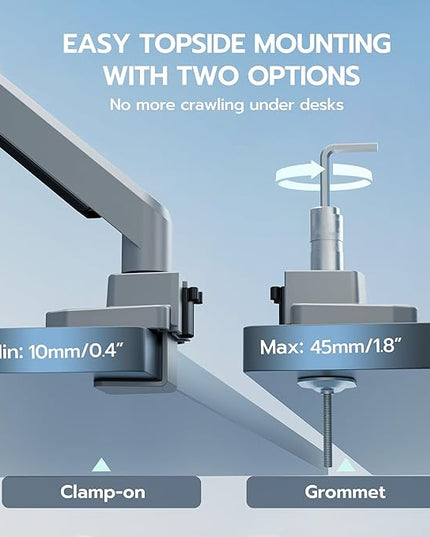 ARES WING Ultrawide Monitor Arm, Heavy Duty Single Monitor Mount for 13"-49" Curved Screens, Adjustable Stand for Desk with C-clamp & Grommet Base up to 40 LBS, Gray