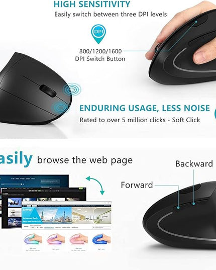 Ergonomic Mouse, LEKVEY Vertical Wireless Mouse - Rechargeable 2.4G Optical Vertical Mice : 3 Adjustable DPI 800/1200/1600 Levels 6 Buttons, for Laptop, Mac, PC, Computer, Desktop, Notebook etc, Black