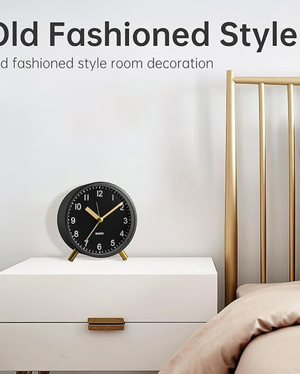 Analog Alarm Clock, 4 inch Super Silent Non Ticking Small Clock with Night Light, Battery Operated, Simple Design, easy setting for Office, Bedroom, Bedside, Desk, teens, elders, kids, adult, Black