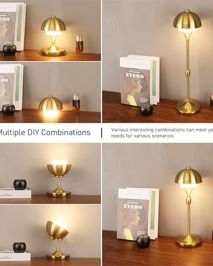 Modern Table Lamp Cordless Portable Desk Lamp, 2700K Stepless Dimming Rechargeable Battery Operated LED Lights for Bedroom, USB-C Charging, Restaurant/Bar/Night Light/Gifts (Antique Brass)