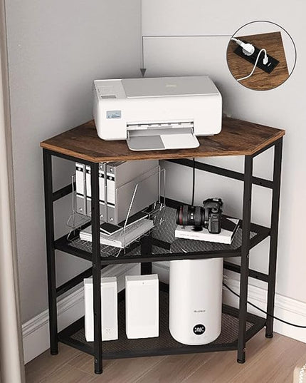 VEDECASA Corner Printer Stand Table with Power Outlet Charging Plugs USB Port Adjustable Storage Shelf Computer Tower CPU Stand Holder for Home Office (Brown)