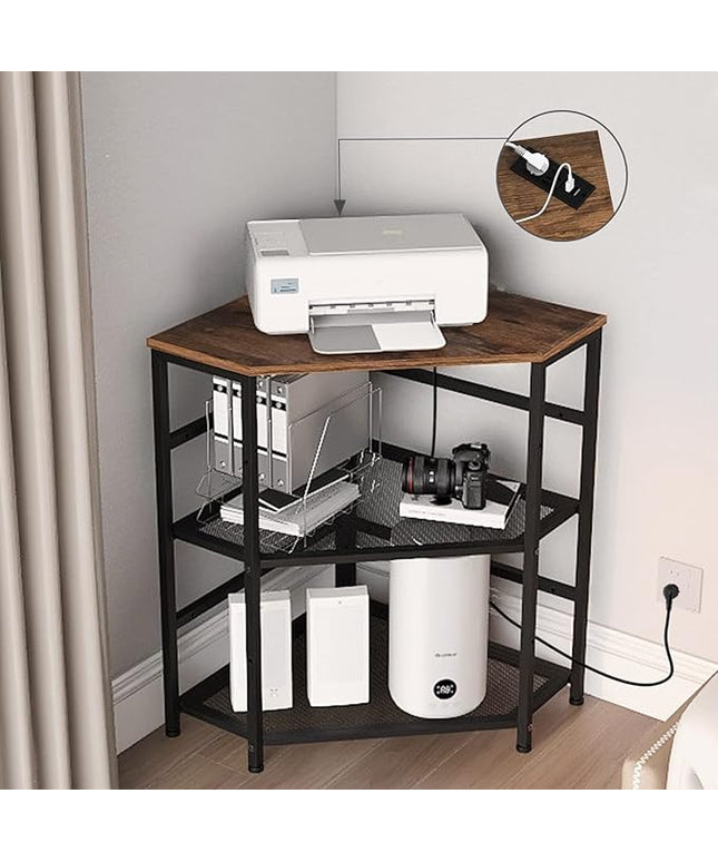 VEDECASA Corner Printer Stand Table with Power Outlet Charging Plugs USB Port Adjustable Storage Shelf Computer Tower CPU Stand Holder for Home Office (Brown)