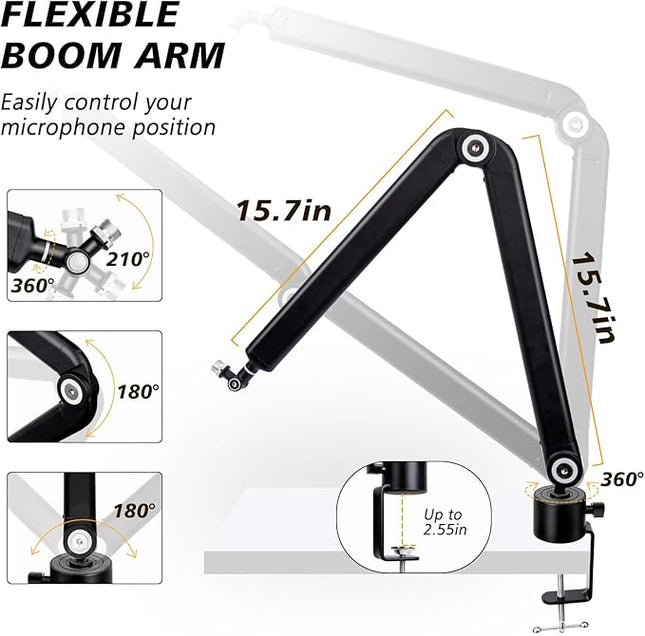 SUNMON Shure SM7B Boom Arm with Pop Filter - Free Adjustment Mic Boom Arm Compatible with SM7B Microphone, Noise reduction Mic Windscreen, Weighted Metal Height adjustment Mic Arm for Shure Microphone