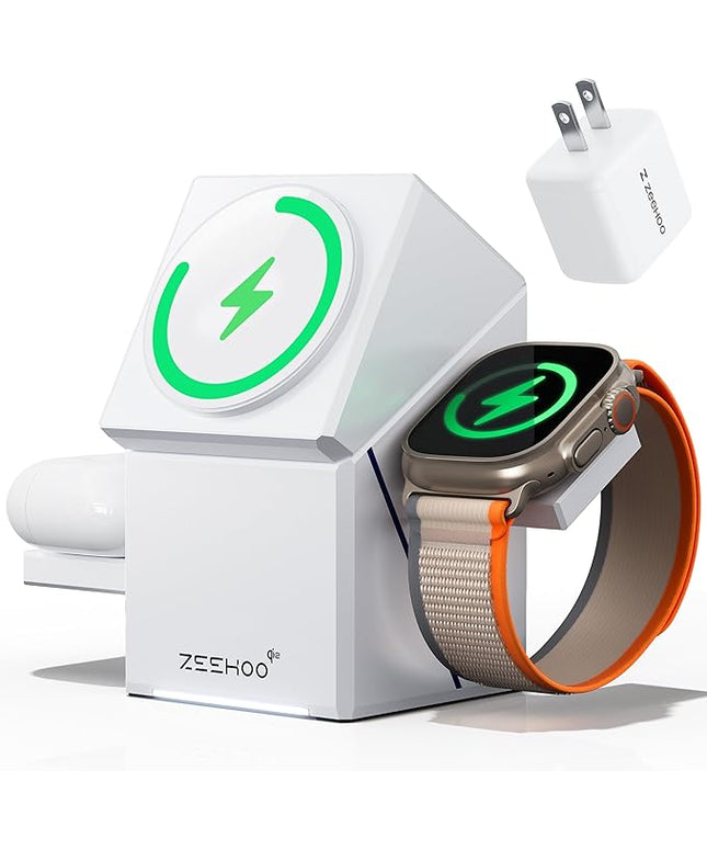 ZEEHOO 3 in 1 Charging Station, for iPhone Charging Station, for Apple MagSafe Charger, Qi2 Certified, 15W Fast Wireless Charger, for Apple Watch, for iPhone 17,16,15,14,13,12 Series, AirPods (White)