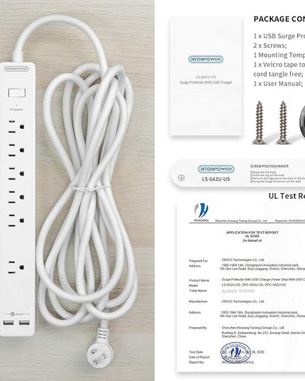 Extension Cord 15 ft, 6 Outlets Surge Protector Outlet, Heavy Duty Long Power Strip Flat Plug, 1875W Flat Plug, Widely Spaced Outlet, Wall Mount for TV Dorm Office Home Theater, White