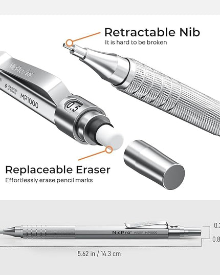Nicpro 45PCS Black & Silver Metal Mechanical Pencil Set in Leather Case, Art Drafting Pencil 0.5, 0.7, 0.9 mm, 2mm Lead Holders for Sketching Drawing With 27 Tube (6B 4B 2B HB 2H 4H Colors)Lead Refill