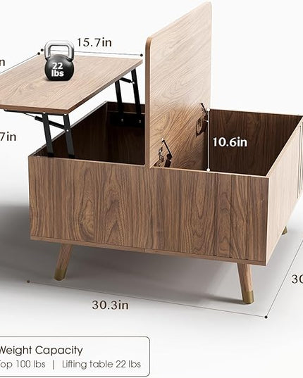 JOINICE 32" Square Lift Top Coffee Table with Storage,Mid Century Modern Walnut Center Table with Rising Desktop for Living Room, Brown Wood Finish