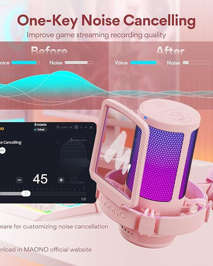 MAONO Gaming USB Microphone with Noise Cancellation, Streaming mic for PC Computer MAC PS4 PS5, All-in-One Kit with Mute, Monitor for Recording, Podcast, Twitch, YouTube, Discord, DGM20S Pink