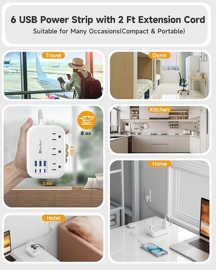 Short Extension Cord 2 Foot- 6 USB(3 USB C) Travel Power Strip with 24W USB Charging Station and 3 Outlets, 2ft Small Flat Plug Extension Cord Surge Protector for Travel Home College Dorm 13A