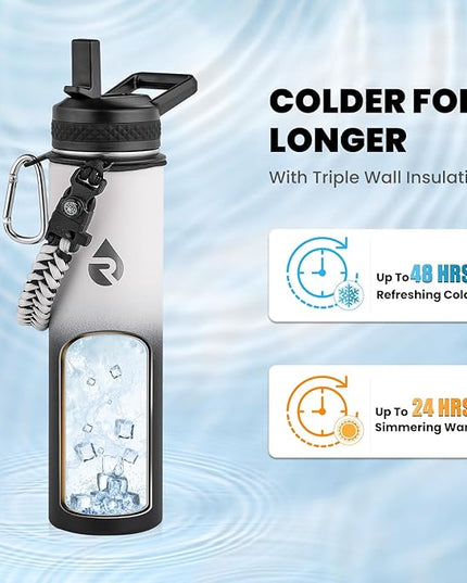Insulated Water Bottle 24oz, Triple Wall Vacuum Stainless Steel (Cold for 48 Hrs, Hot for 24Hrs), Leak Proof & Non-BPA, 24oz Hydro Water Flask with Paracord Handle & Straw Spout Lids