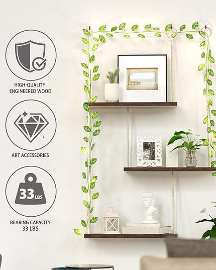 Hanging Shelves for Wall, 3 Tier Boho Wall Decor Hanging Shelf with Vine Lights, Rope Rustic Wood Floating Shelves Floral Plant Decor for Bedroom Living Room Dorm Office Women