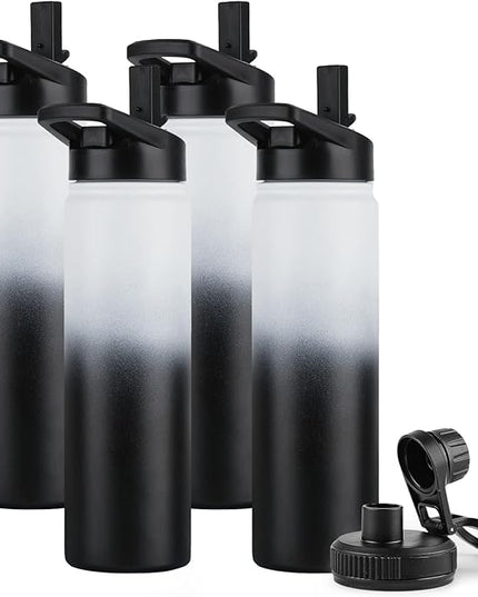 DOMICARE Insulated Water Bottle, 22 oz Vacuum Insulated Stainless Steel Reusable Sports Bottle with Straw Lid & Spout Lid for Travel, Camping, Bike, Leakproof, Black/White, 4 Pack