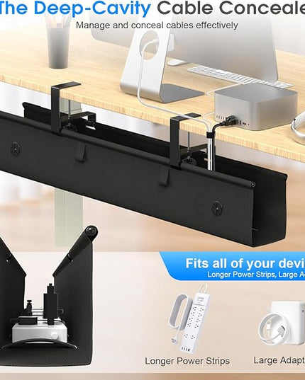 Under Desk Cable Management Tray, 40-inch No-Drill Cord Organizer with Anti-Sag Reinforced Base, Fabric Wire Management Hider for Standing Desk, Office & Gaming Accessories - Black