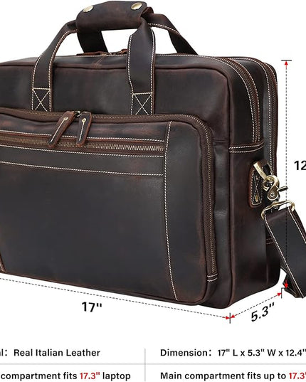 compalo Men's Solid Thick Full Grain Leather 17.3" Laptop Briefcase Classic Messenger Bag Fit Business Travel | Solid, Thick, Full Grain Leather, 17.3", Classic, Fit, Business Travel