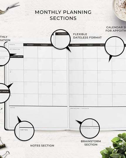 Smart Planner Pro – Undated Daily Planner – Medium B5 – Achieve Goals & Increase Productivity with Weekly, Monthly, Work Sections - Organizer Planner with Back Pocket, 3 Satin Bookmarks & Pen Holder
