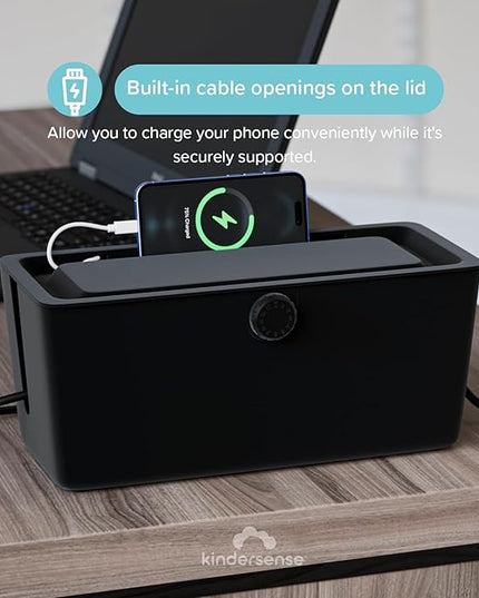 KinderSense® Cable Management Box - Cord Organizer with Child Proof Lock - Cord Hider to Conceal Wires,Power Strips from TV,Computer,Desk and Babies - 12 X 5.25 x 5.25 (Black)