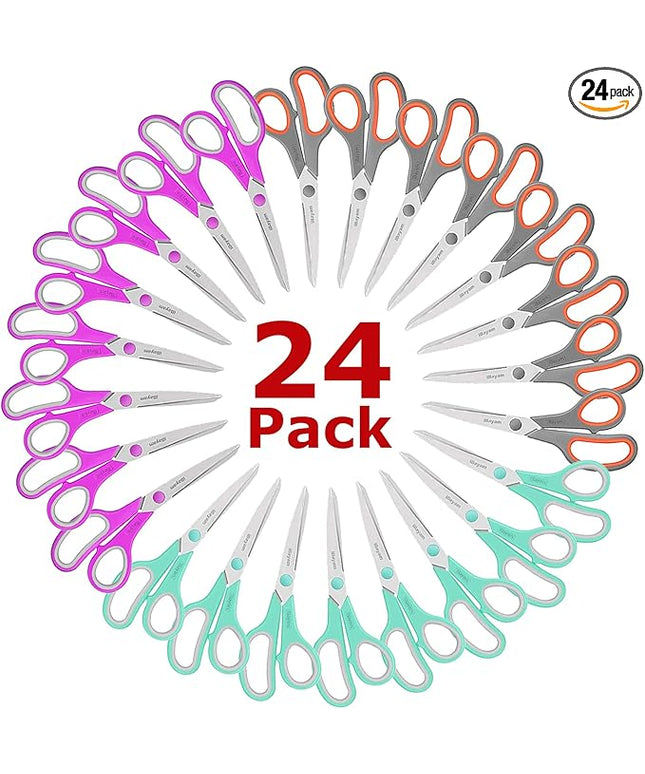 iBayam 8 '' Multipurpose Heavy Duty Scissors Bulk 24-Pack, 2.5mm Thickness Ultra Sharp Blade Shears with Comfort-Grip Handles for Household School Office Supplies, Right/Left Hand Tools