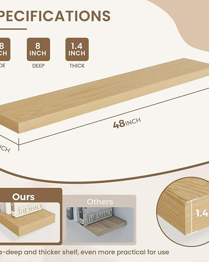 Dreamland 48 Inches Floating Shelves for Wall, 8" Deep Long Floating Shelves Set of 1, Large Display & Storage Shelf, Wall Shelf for Bathroom Bedroom Living Room Kitchen Office, Oak