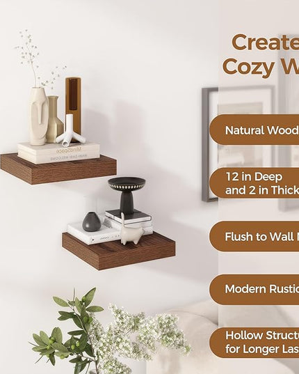 Fun Memories 12 Inch Floating Shelf, Rustic Wood Wall Shelves for Wall Decor & Storage, 12 x 12 Floating Shelf for Living Room, Bathroom, Bedroom, Walnut, Set of 2