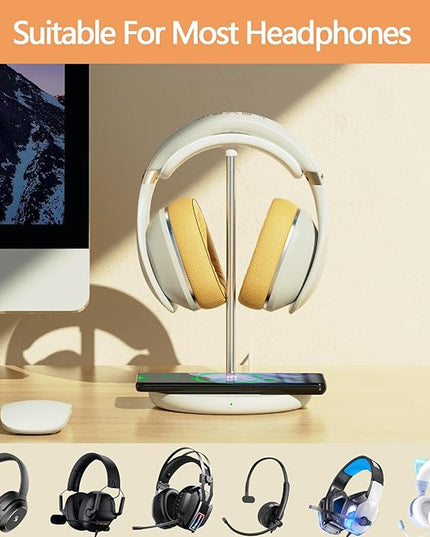 Headphone Stand with Wireless Charger, Gaming Headset Holder Hanger Rack 2 in 1 Wireless Charging Station Dock for iPhone 15/14/13/12/11 Series, AirPods Pro/3/2 and Desk All Headphones, White