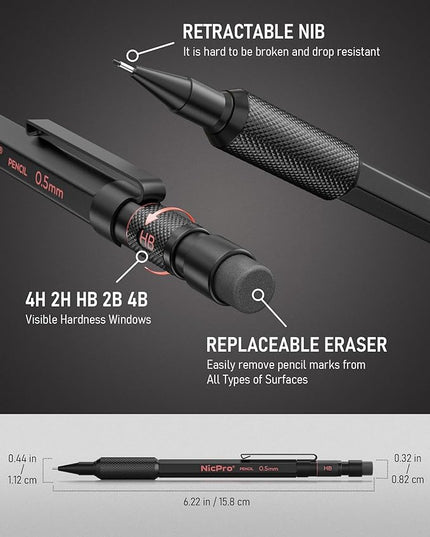 Nicpro 0.5 mm Mechanical Pencil Set with Case, 3PCS MP2000 Metal Artist Mechanical Pencil With 6 Tube HB Lead Refills, Eraser, Weatherproof Barrel for Outdoor Writing Drafting Drawing Sketching