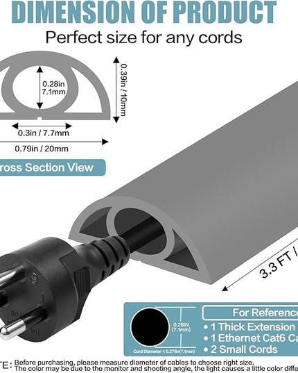 Floor Cord Cover Self Adhesive Cord Hider,3.3FT Cable Management, Extension Strip Protector for Wires, Prevent Cable Trips for Offices, Gyms, Exhibitions Cavity:0.3"(W) x 0.28"(H) Gray
