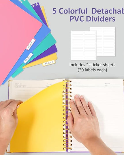 Hardcover Spiral Notebook Journal, 8"x10" Large B5 Notebooks with Removable Dividers Tabs, 300 Pages Leather 5 Subject Notebook College Ruled, Journal for Work School Note, 100 GSM Thick Paper,Purple.