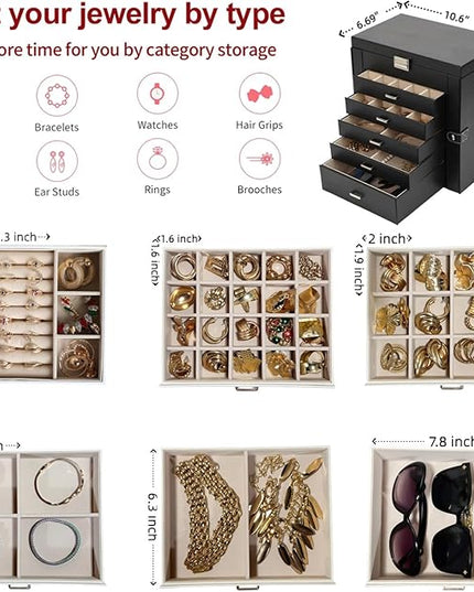 BOOVO Jewelry Box For women, 6 Layer Large Jewelry Organizer With Mirror, Multi-Function Storage Box With Lock, Necklace Holder With 5 Drawers, For Earrings Necklace Bracelet (Silver and Black)