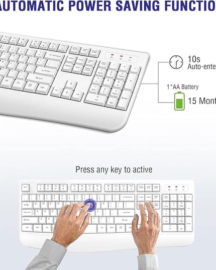 QUASIO Wireless Keyboard, 2.4G Full-Sized Ergonomic Wireless Computer Keyboard with Wrist Rest for Windows, Mac OS Laptop/PC/Desktop/Notebook(Off White)
