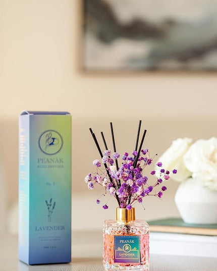 PEANÄK Reed Diffuser Set - French Lavender Fragrance 6.7oz (200 ml) - 2 Pack Real Preserved Flowers & Reed Sticks for Home & Office Bathroom Shelf Décor with Long Lasting Gift Scents