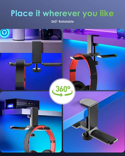 6amLifestyle Dual Rotatable Headphone Stand Hanger Under Desk Clamp Headset Holder Aluminum Load up to 11lb Headset Stand Hanger Compatible with Universal Headphones, Black 6A-13BK