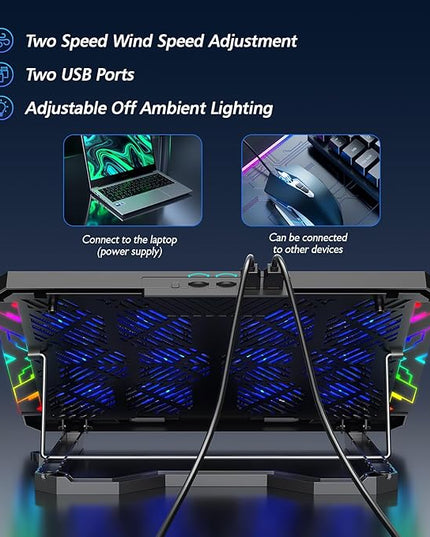 Laptop Cooling Pad with 12 Quiet Fans, Slim Portable for 12-17.3 Inch Laptop Cooler Stand with 5 Height Adjustable, Ergonomic Gaming Cooling Fan Pad with Two USB Ports & Phone Holder (Gear)