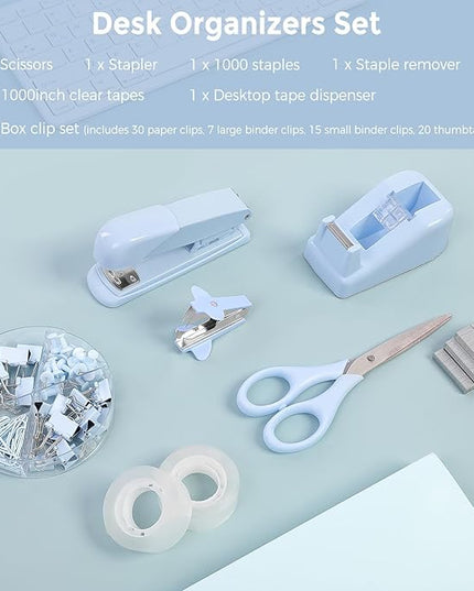 SKYDUE Blue Office Desk Accessories, Blue Office Supplies, Stapler, Tape Dispenser, Scissors, Clips and 1000pcs Staples,Desk Supplies for Women