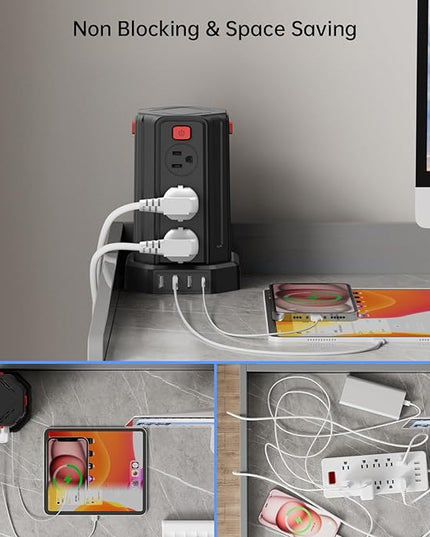 Power Strip Surge Protector, 10 Ft Extension Cord with 12 AC Multiple Outlets 4 USB (1 USB C), SMALLRT Power Tower Desktop Charging Station (Black, 10 FT PD20W)