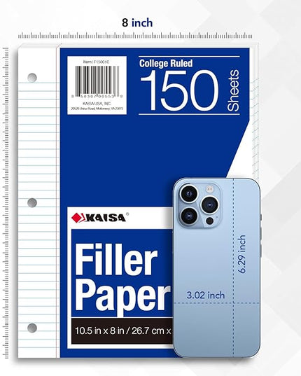 Kaisa Filler Paper Notebook Paper College Ruled 8"x10.5" Loose Leaf Paper for 3-Ring Binders 150 Sheet/pack,12pack (Total 1800 Sheets)