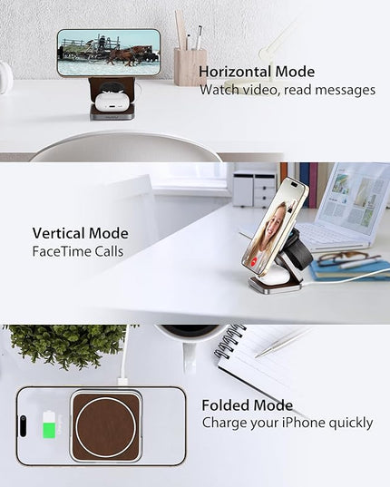 Foldable Magnetic Wireless Charger, KU XIU Aluminum Alloy 3 in 1 Charging Station for Apple, Fast Charging Travel Charger for iPhone 17 16 15 14 13, 5W for Apple Watch Ultra, AirPods, Leather Texture