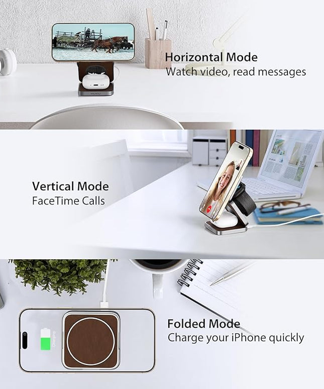 Foldable Magnetic Wireless Charger, KU XIU Aluminum Alloy 3 in 1 Charging Station for Apple, Fast Charging Travel Charger for iPhone 17 16 15 14 13, 5W for Apple Watch Ultra, AirPods, Leather Texture