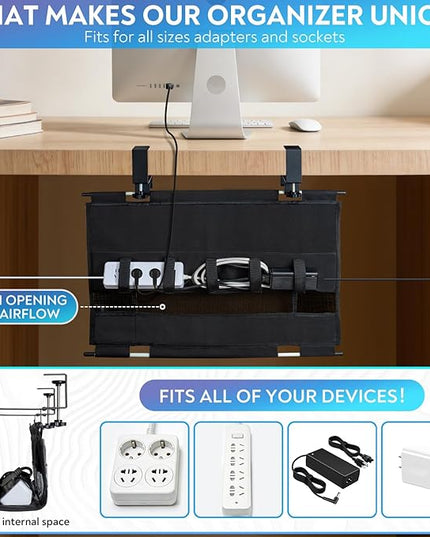 Under Desk Cable Organizer with Mesh Slot for Ventilation, Quick Mount with Clamp or Screws to Hold Fabric Cable Tray, Kit for Tidy Cord & Wire Management for Home Office Standing Desk