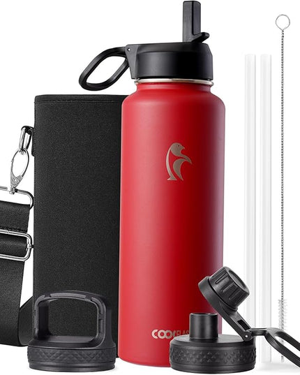 Coolflask Water Bottle 40 oz Insulated with Straw, Stainless Steel Metal 3 Lids Water Flask for Sports or Office, Keep Cold 48H Hot 24H, Red