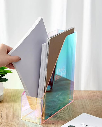 2 Pcs Iridescent Vertical Magazine File Holder Acrylic Magazine Holder Storage Organizer Plastic Clear Acrylic Rack for Office Classroom Home Document Paper Book Collection