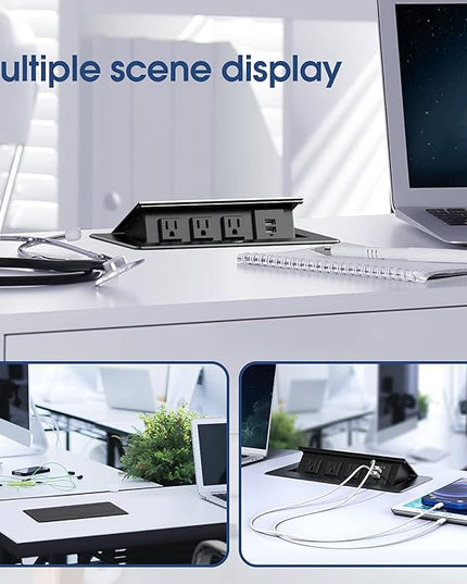 KYHSHJ Connection Box Desktop Pop Up Outlet with 2 USB Ports & 3 Outlets(Black)
