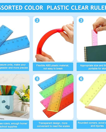 Zonon 50 Pcs 6 Inch/12 Inch Plastic Rulers Bulk Flexible Straight Rulers with Inches Centimeters First Day of School Gift Students Back to School Office Home Supplies (Colorful,6 Inch)