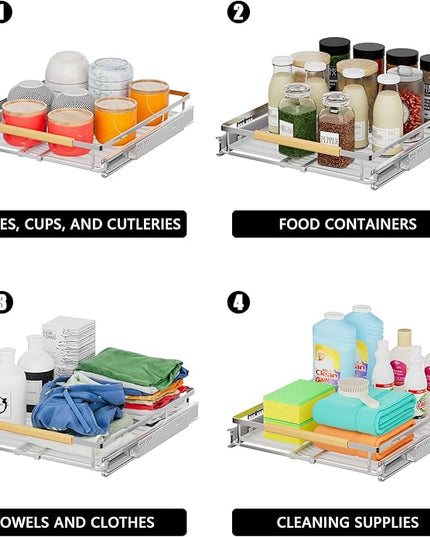 Pull Out Cabinet Organizers,Expandable Slide Out Storage Shelves,D:17.1” x W:12”-18.3” Stainless Steel Storage Drawers,3 Packs of Heavy Duty Gliding Cupboard Shelves for Home Kitchen Pantry Cupboard