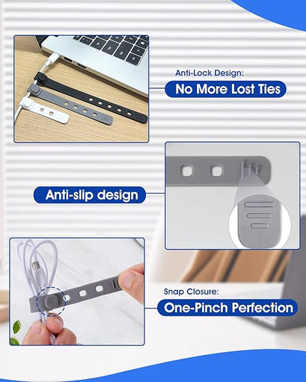 AROIC 30Pcs Reusable Silicone Cable Ties, 3-Size Adjustable Cord Organizer Set for Home Office & Travel Essentials - Under Desk Cable Management, Wire Organizer for Computer, Kitchen, Data Cords