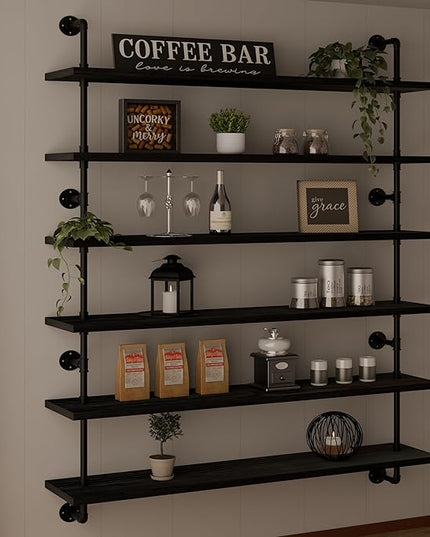 48 Inch Pipe Shelf Floating Shelves for Wall Shelves Bookshelf Industrial Pipe Shelving Real Wood Planks Rustic Hanging Shelves Farmhouse Kitchen Bar Shelving Black