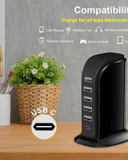 Charger Block 6 in 1 Upoy, 40W USB C Charger 3A, Charging Hub with 5 USB Ports(Shared 6A) for Multiple Electronics, USB Charging Station Multiports, Universal Desktop Phone Charger Travel Ready, Black