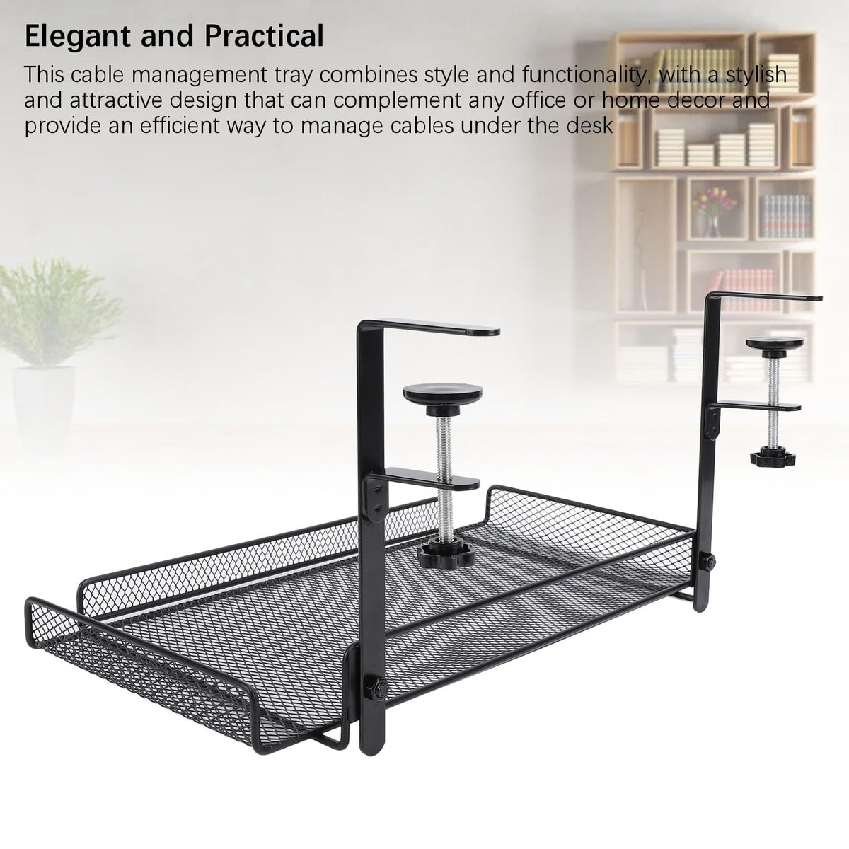 Under Desk Wire Organizer, Cable Management Tray Metal, Large Storage Tray Clamp Mount for Office Home, No Drill Cable Raceway (Black)