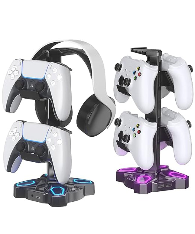 KDD Gaming Headphones Stand, Rotatable Headset Stand with Light Modes - Controller Holder with 2 USB Charging Ports and 3.5mm - Earphone Hanger Accessories for Desktop Gamer(Black)