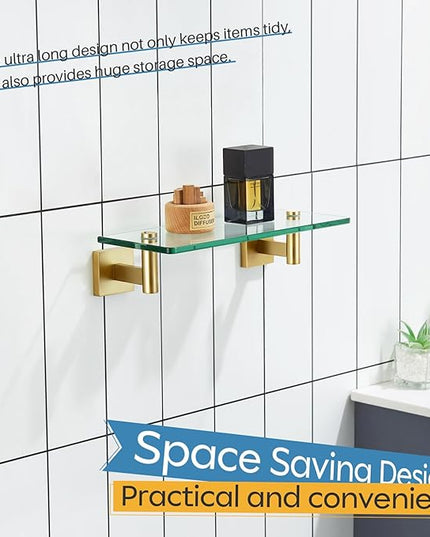 KOKOSIRI Wall Shelves Floating Shelf 12'' Gold Stainless Steel Bathroom Hardware Tempered Glass Hanging Rack Storage/Room Decor 2 Pack B1105BG-L12-P2